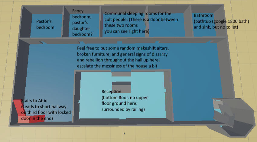 Layout of the top floor prior to adding furniture/assets, with notes written both for myself and for the rest of the team