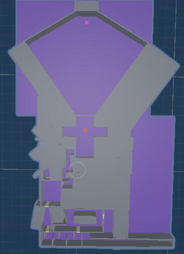 Layout of the attic on the return trip. The escape of the attic is frantic and stressful, the player should not take time to stop and think, so all dead ends are cut out to let them just run. The final hallway is made extra long for added tension too.
