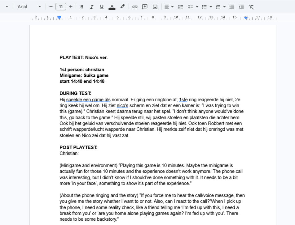 We assembled notes about the playtest and how the player reacted in a google doc