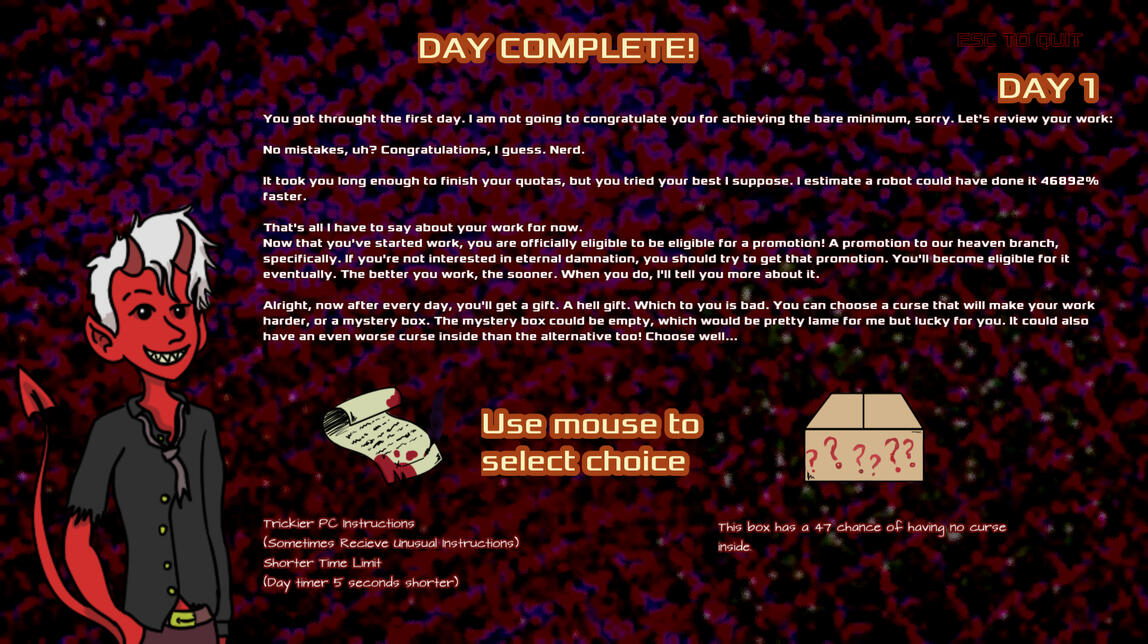 Between stages, the player gets an evaluation, and a choice of either a curse or a mystery box