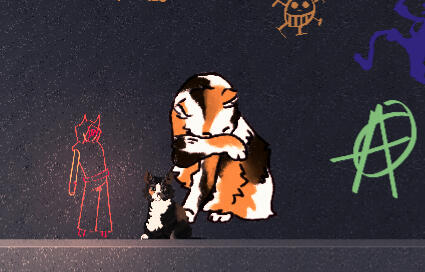 In one of the puzzles, you create a graffiti of a cat to make this cat move away from a door