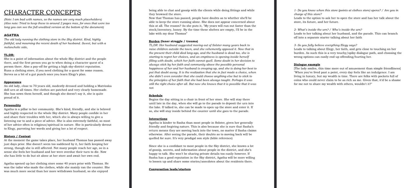 An example of an initial character concept I wrote, for the first stages of figuring out what our cast of characters would look like